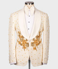 Cream tuxedo jacket with gold floral embroidery over white bow-tie waistcoat set