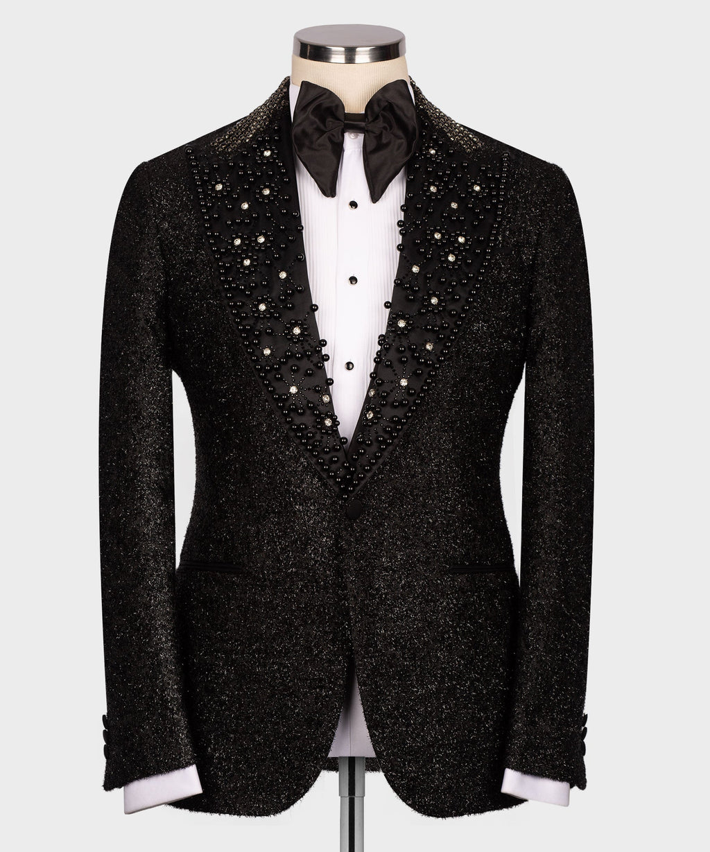 Black tuxedo jacket with sparkling beadwork panels and satin trim, peak lapels