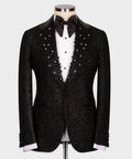 Black tuxedo jacket with sparkling beadwork panels and satin trim, peak lapels