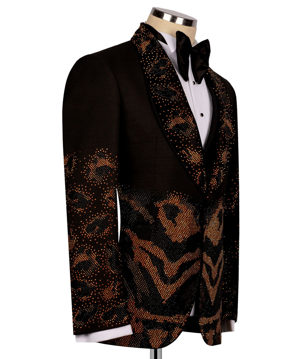 Black tuxedo jacket side view with leopard-print paneling on sleeve and front