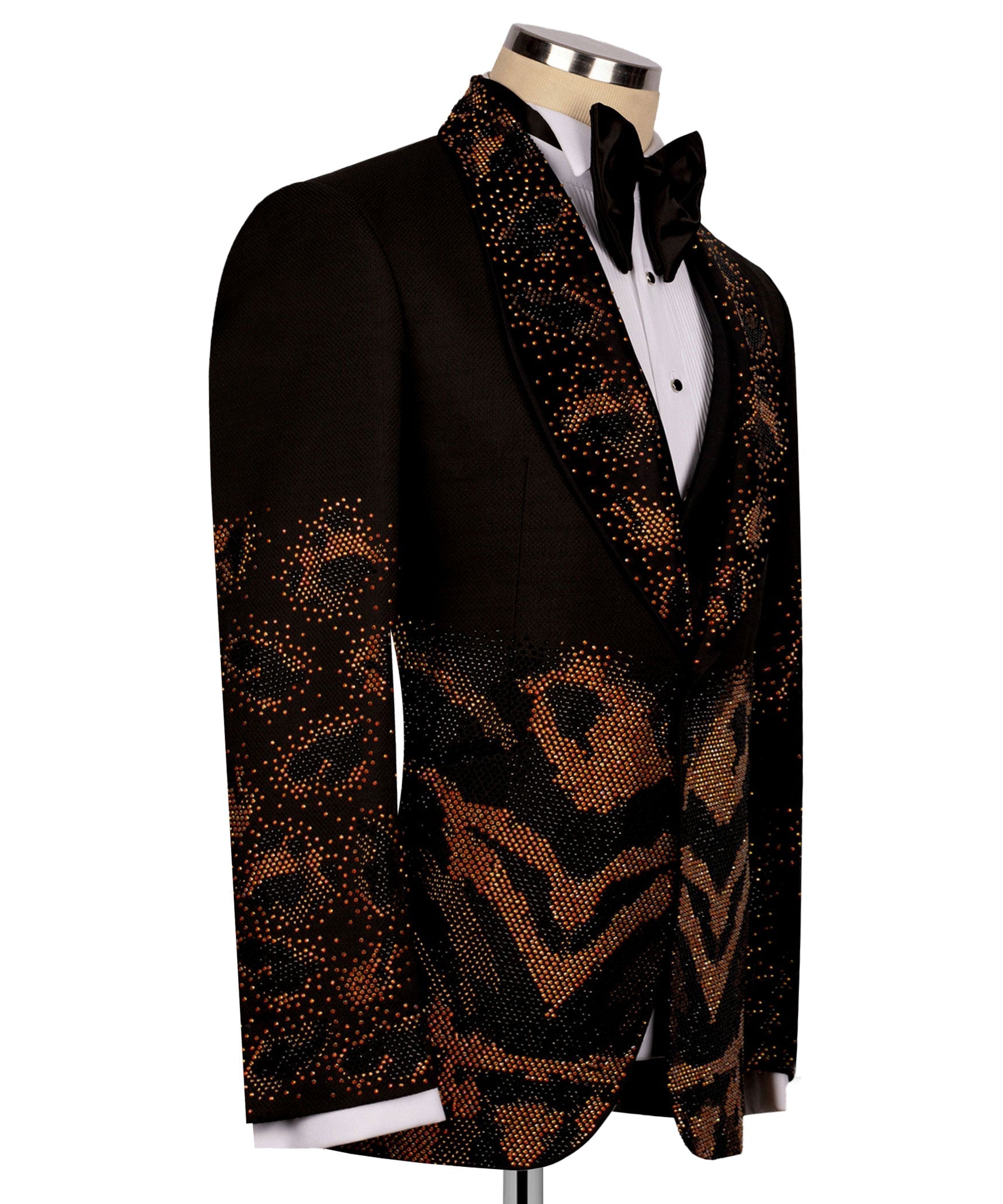 Black tuxedo jacket side view with leopard-print paneling on sleeve and front