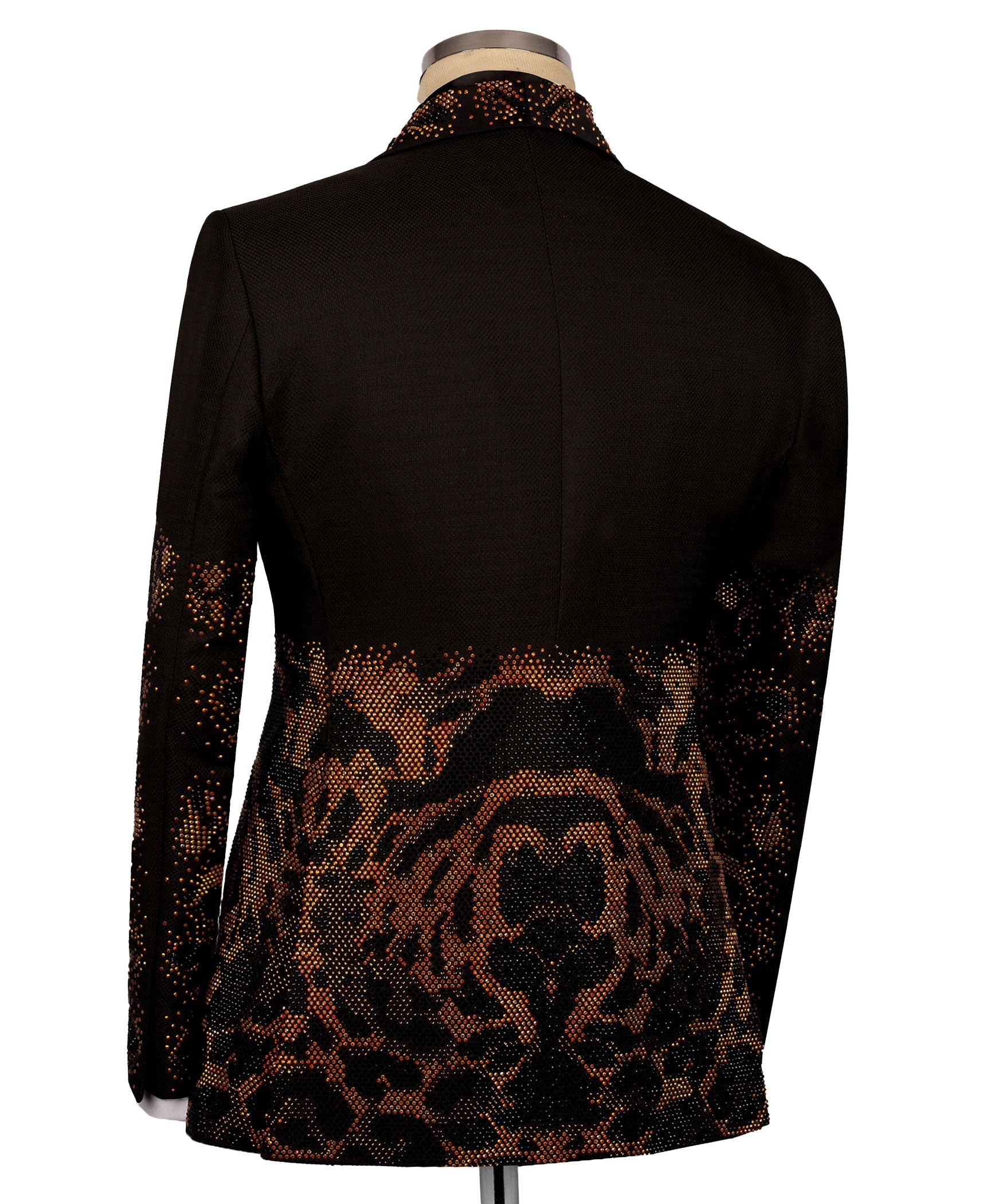 Black tuxedo jacket back with large leopard print panels and tailored shoulder seams