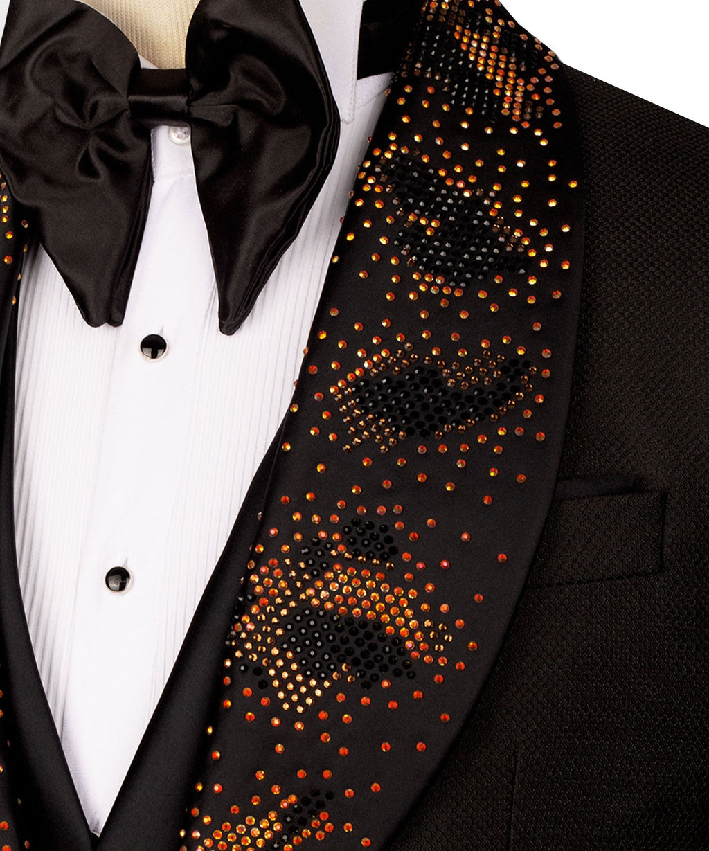 Close-up: studded leopard-print lapel and bow tie over white tux shirt