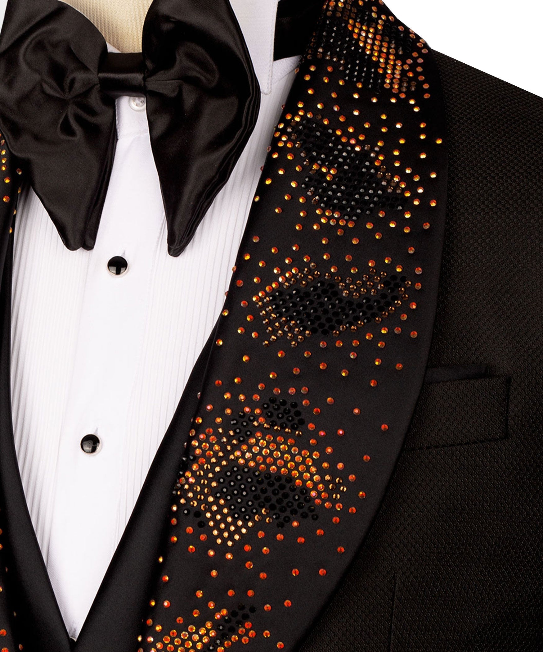 Close-up: studded leopard-print lapel and bow tie over white tux shirt