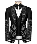 Black 3-piece tuxedo jacket with leopard sequin pattern and satin bow tie