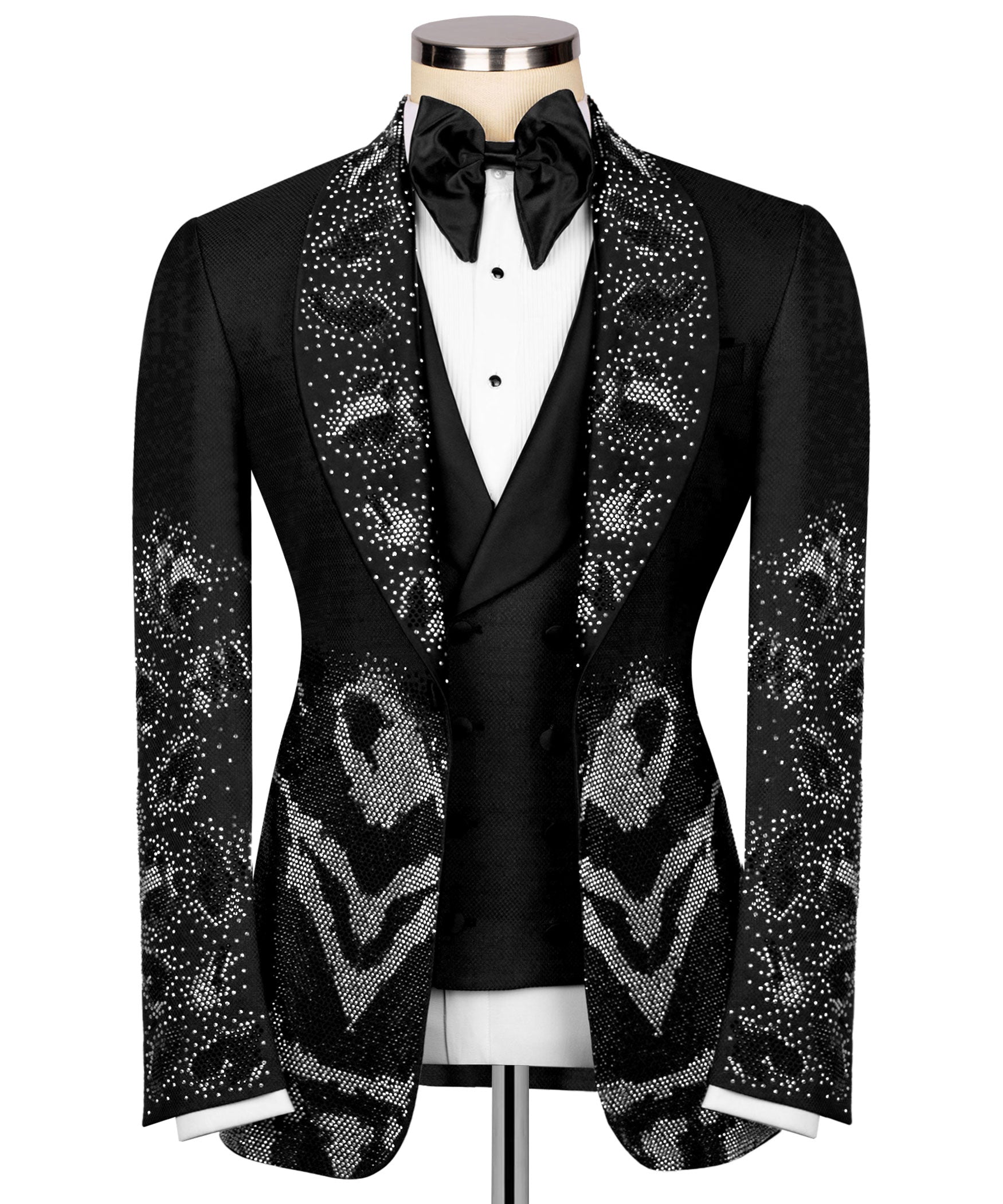 Black 3-piece tuxedo jacket with leopard sequin pattern and satin bow tie