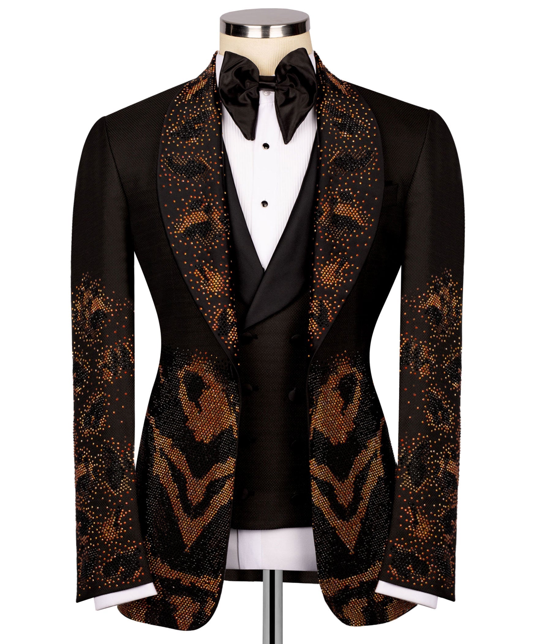 Black tuxedo jacket front with leopard print lapels, satin bow tie, white vest