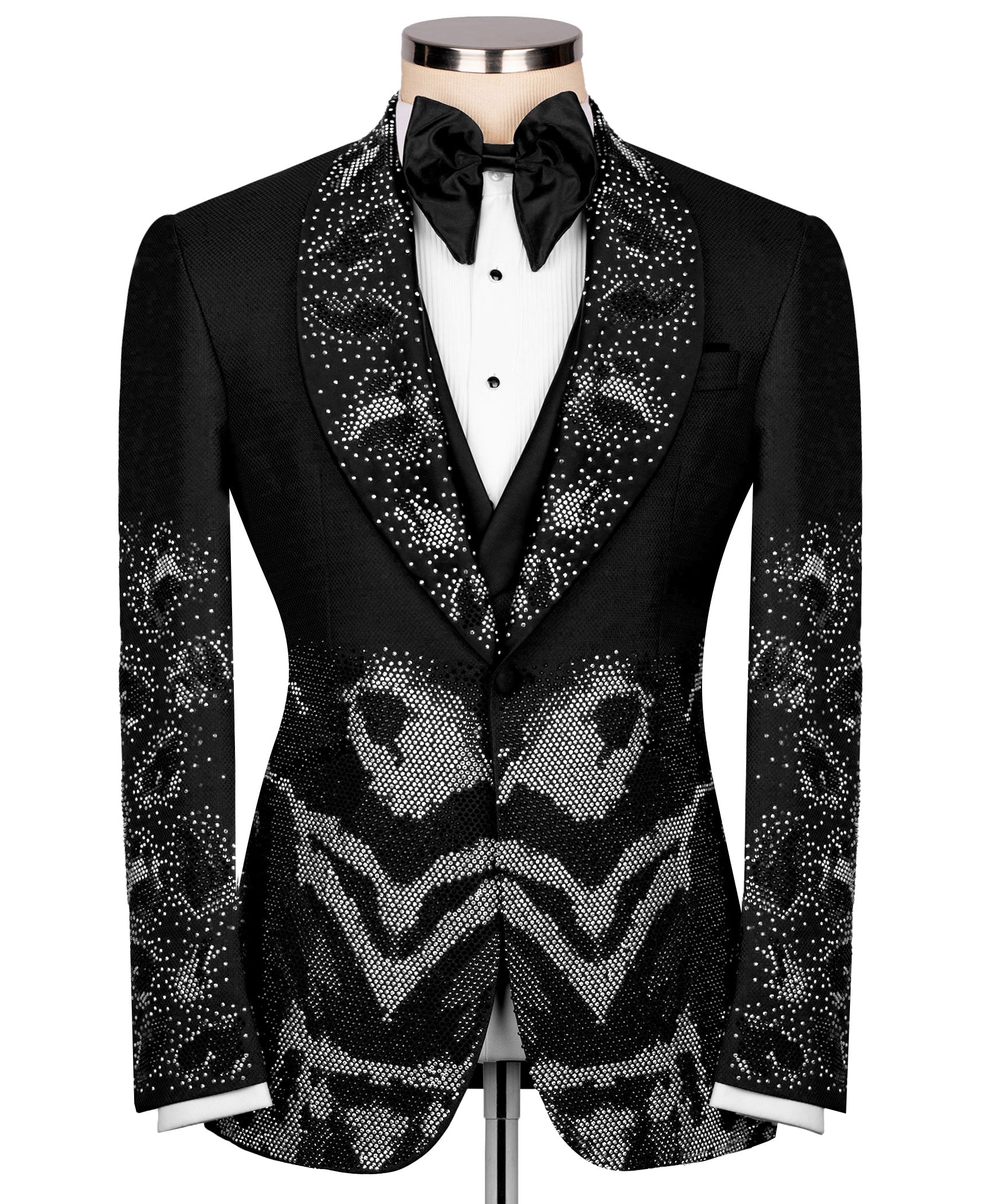 Front view of black tuxedo jacket with leopard sequin lapels and vest