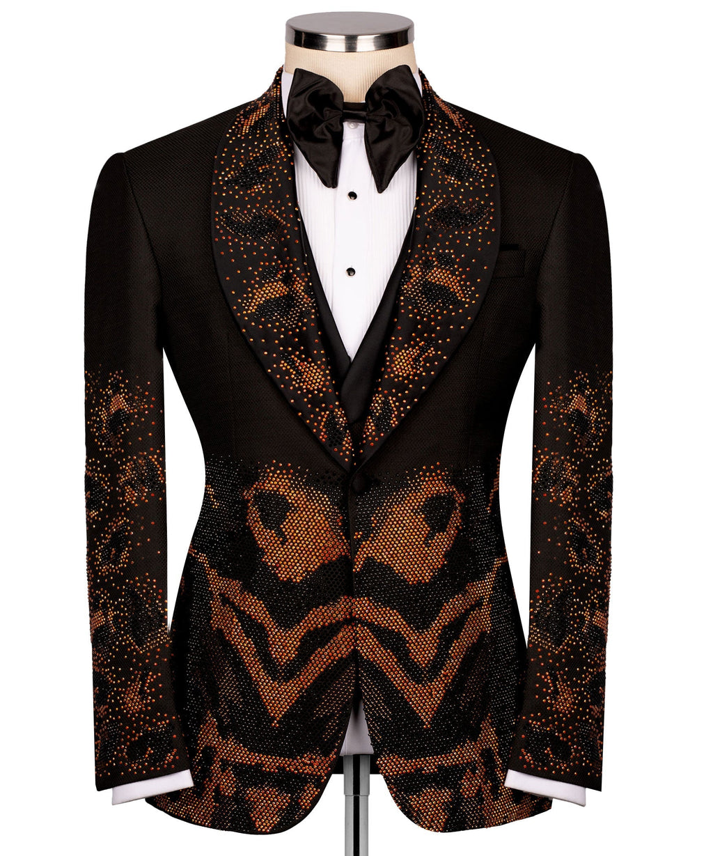 Black tuxedo jacket front with leopard-print V design on lapels and matching vest