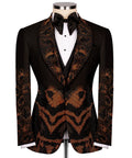 Black tuxedo jacket front with leopard-print V design on lapels and matching vest