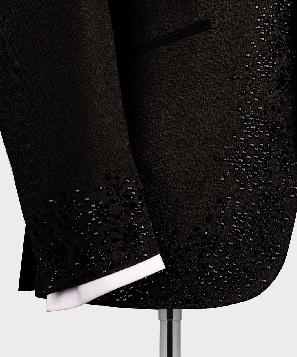 Black tuxedo sleeve and hem with scattered rhinestone embellishment