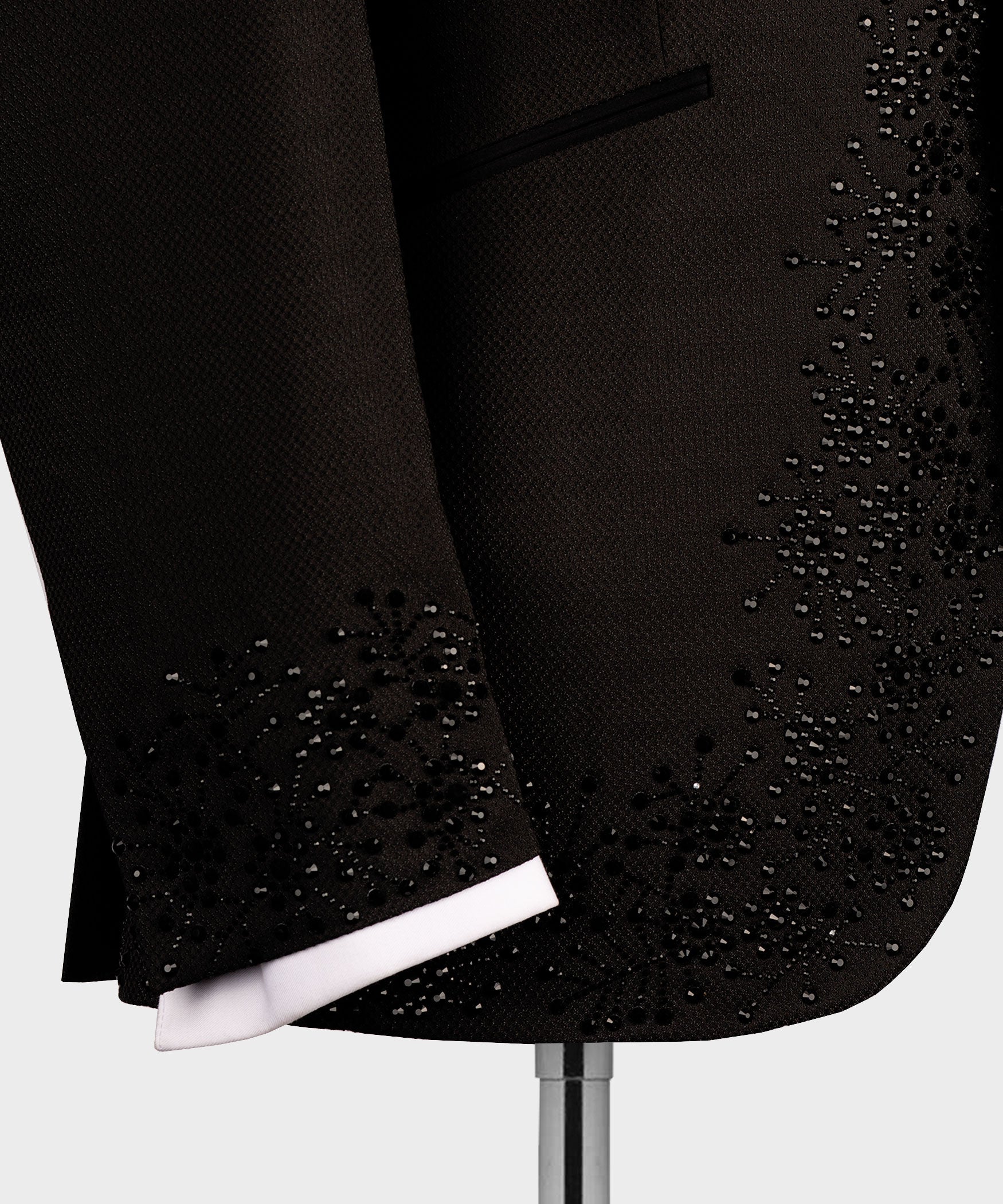 Black tuxedo sleeve and hem with scattered rhinestone embellishment