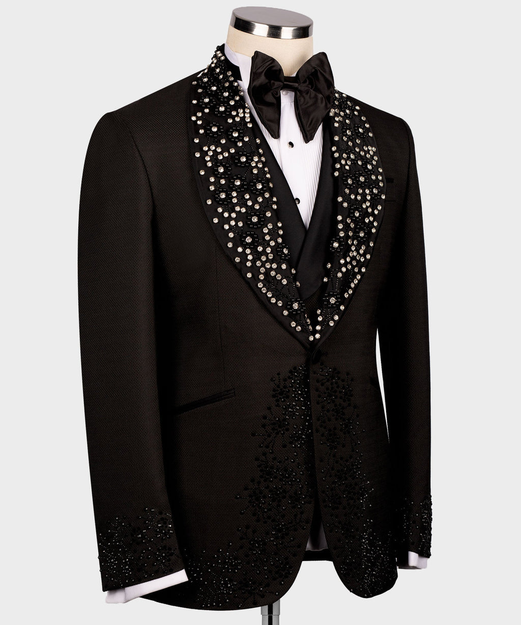 Black tuxedo jacket with rhinestone trim on lapel and front
