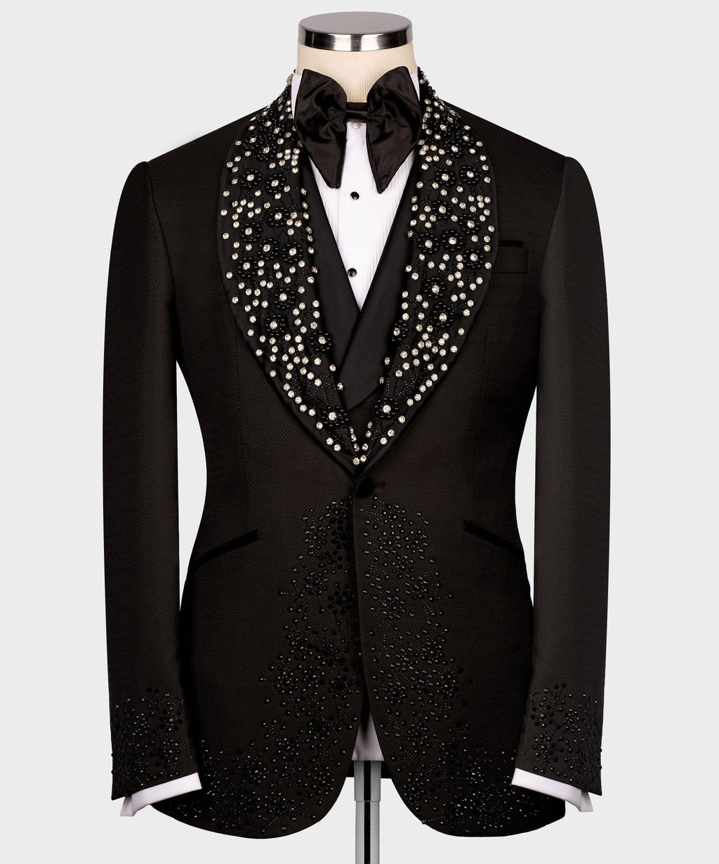 Black tuxedo jacket with rhinestone lapels and black satin bow tie