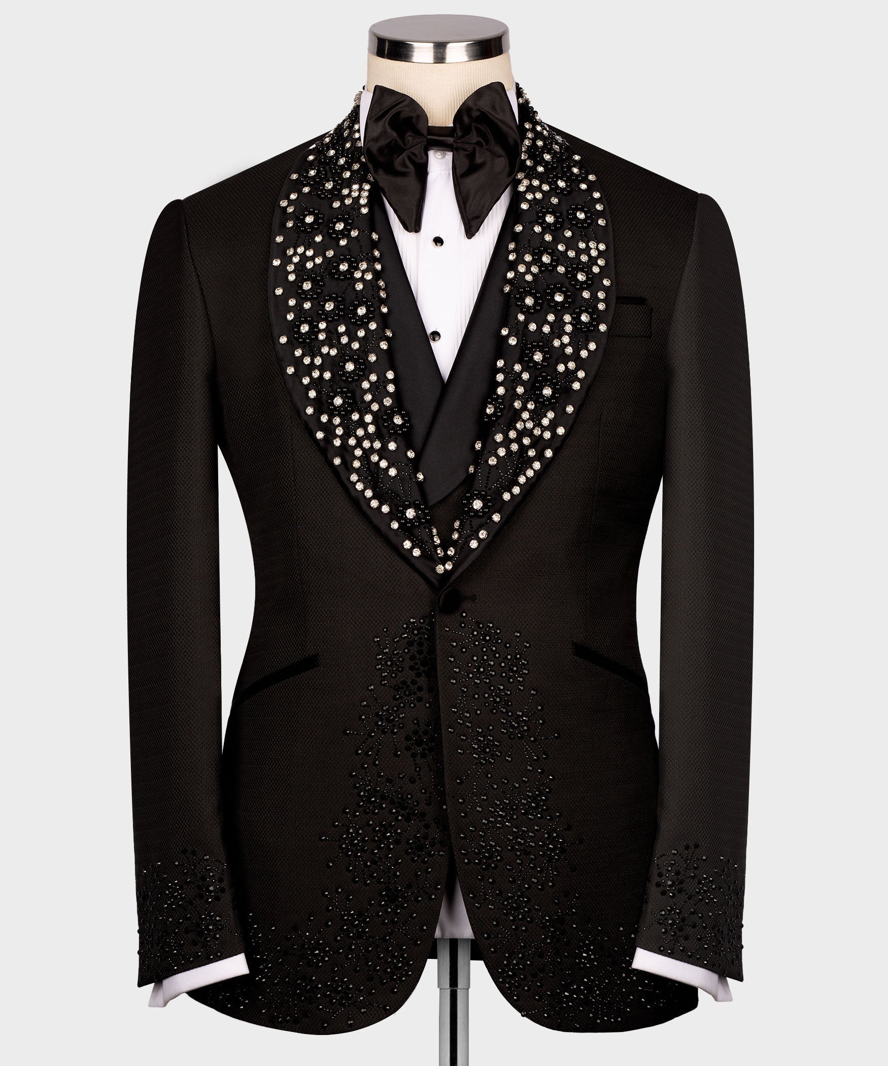 Black tuxedo jacket with rhinestone lapels and black satin bow tie