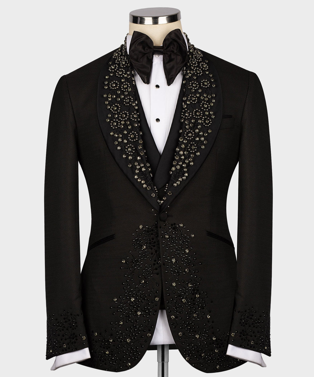 Black tuxedo jacket with jeweled lapel trim, bow tie, and rhinestone front panels