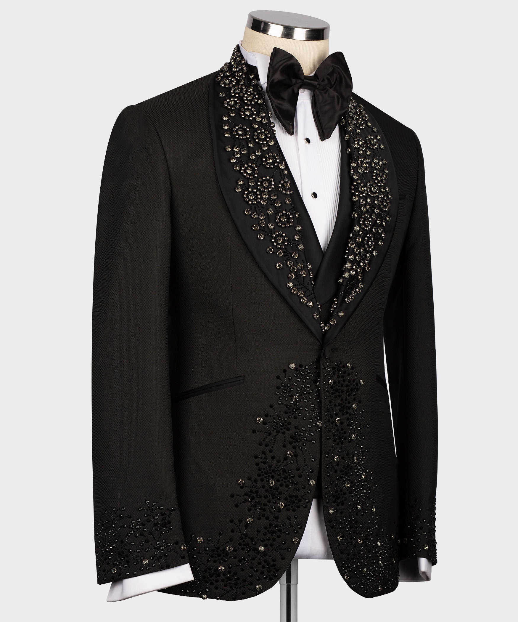 Black tuxedo jacket with gem-stone lapels and sparkling rhinestone panels on sleeves