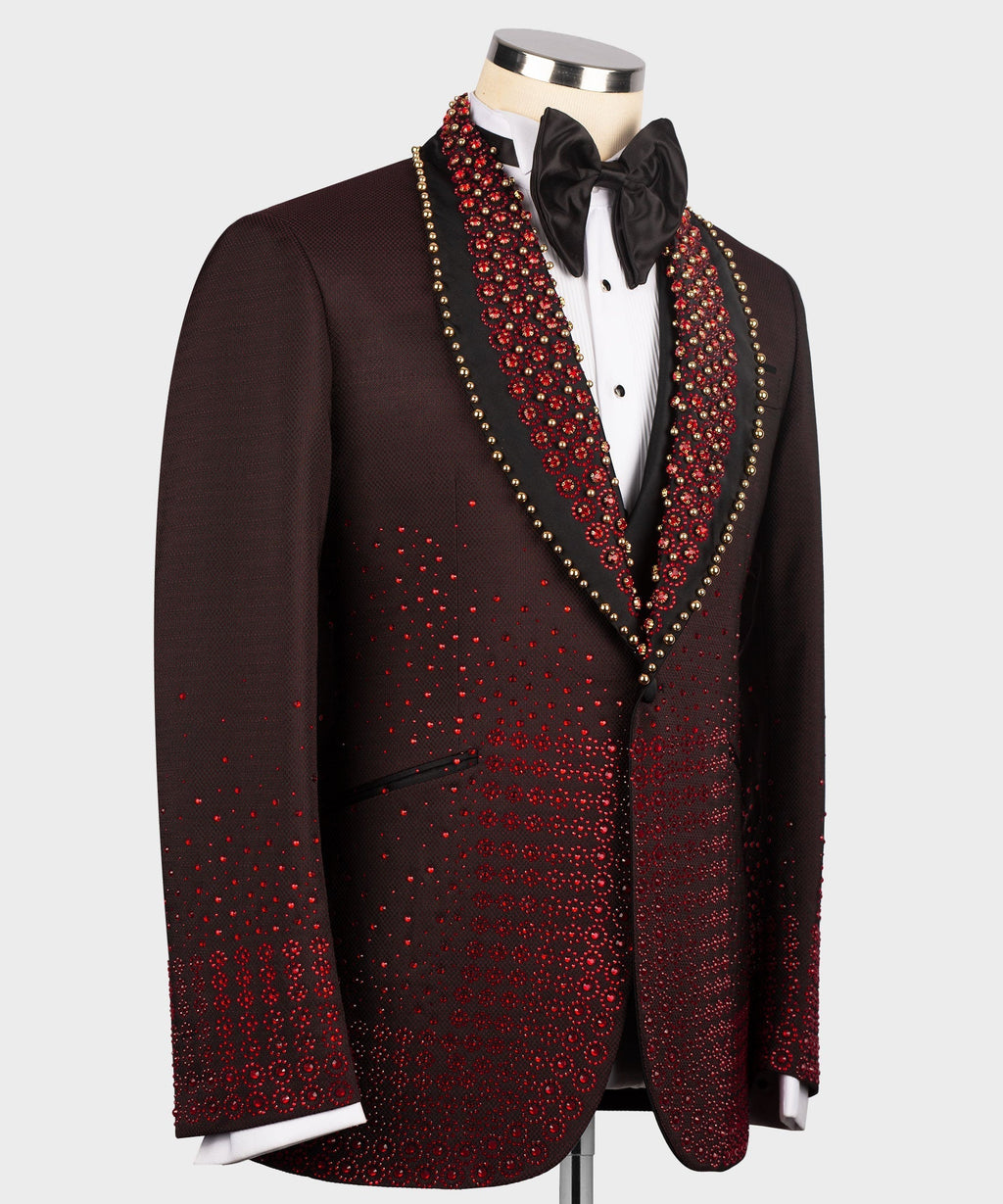 Burgundy tuxedo jacket with red ornamental speckle pattern and black satin bow tie