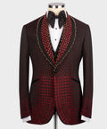 Burgundy tuxedo jacket with red jeweled pattern, black lapels, and bow tie