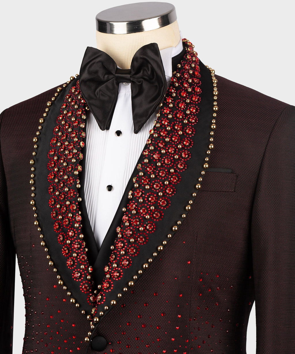 Burgundy tuxedo jacket with red jeweled trim, black satin bow tie, and white shirt