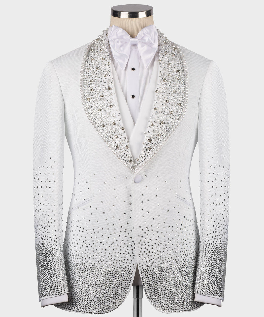 White tuxedo jacket with jeweled embellished lapel and matching black bow tie