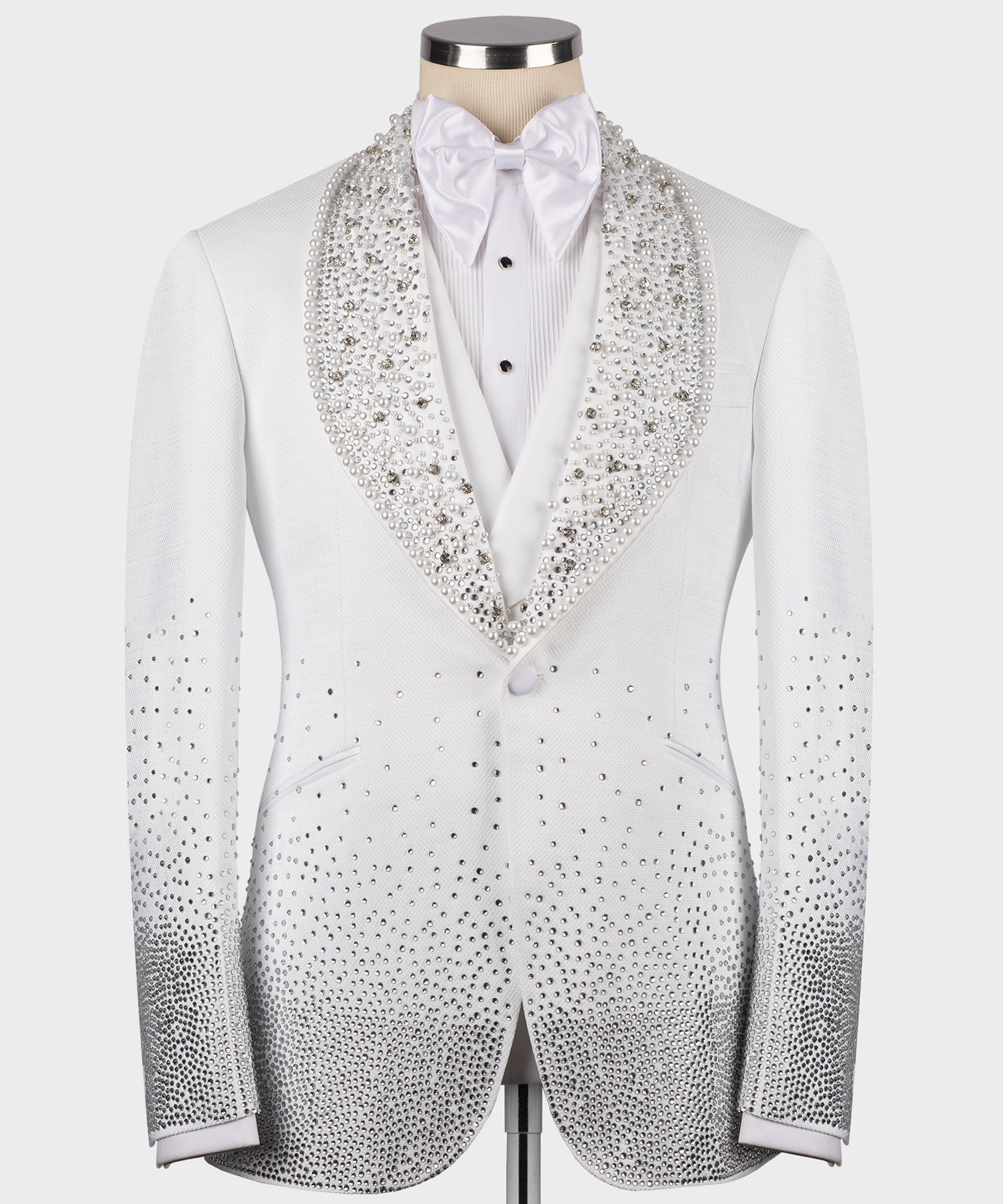White tuxedo jacket with bow tie, gem-studded lapels and front panel