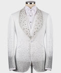 White tuxedo jacket with gem-stone sparkle lapel and matching white bow tie