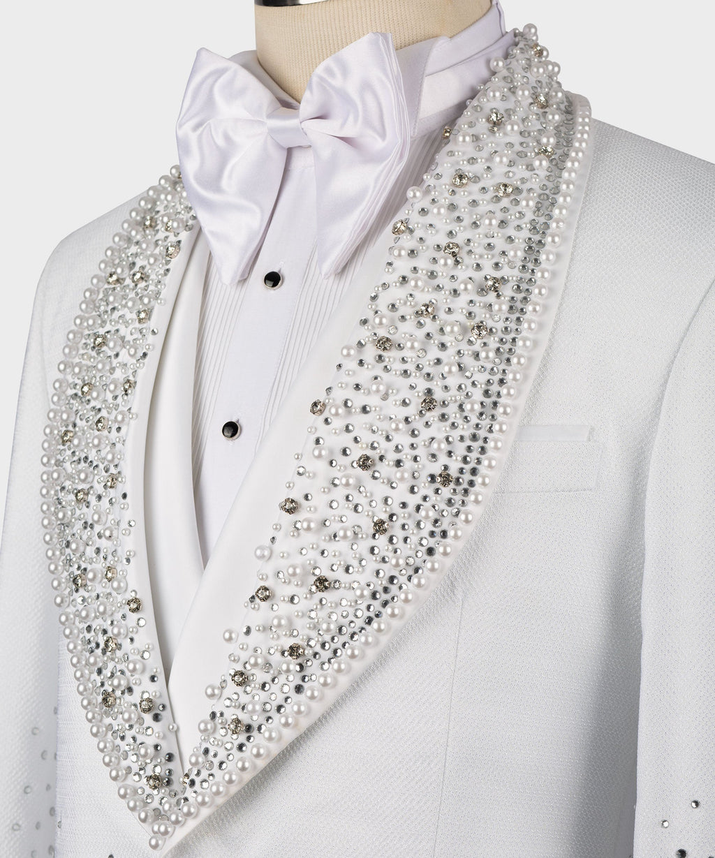 White tuxedo shirt with bow tie and rhinestone-studded lapel detail