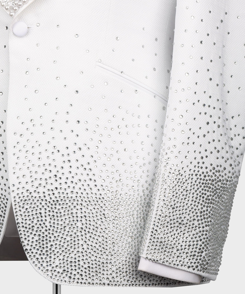 White tuxedo jacket with rhinestone-studded sleeves and front panel