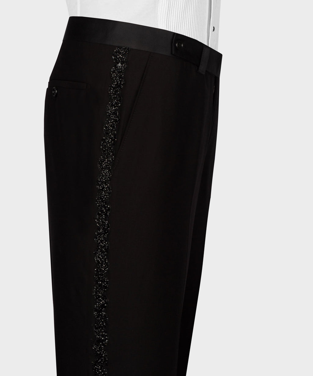 Black tuxedo trousers with vertical beaded decorative stripe down the side
