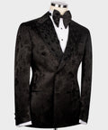 Black tuxedo jacket front view, double-breasted buttons and patterned lapel detail