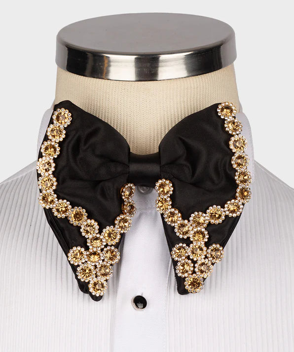 Koss Atelier black silk bow tie featuring intricate gold and crystal floral embellishments on a white dress shirt.