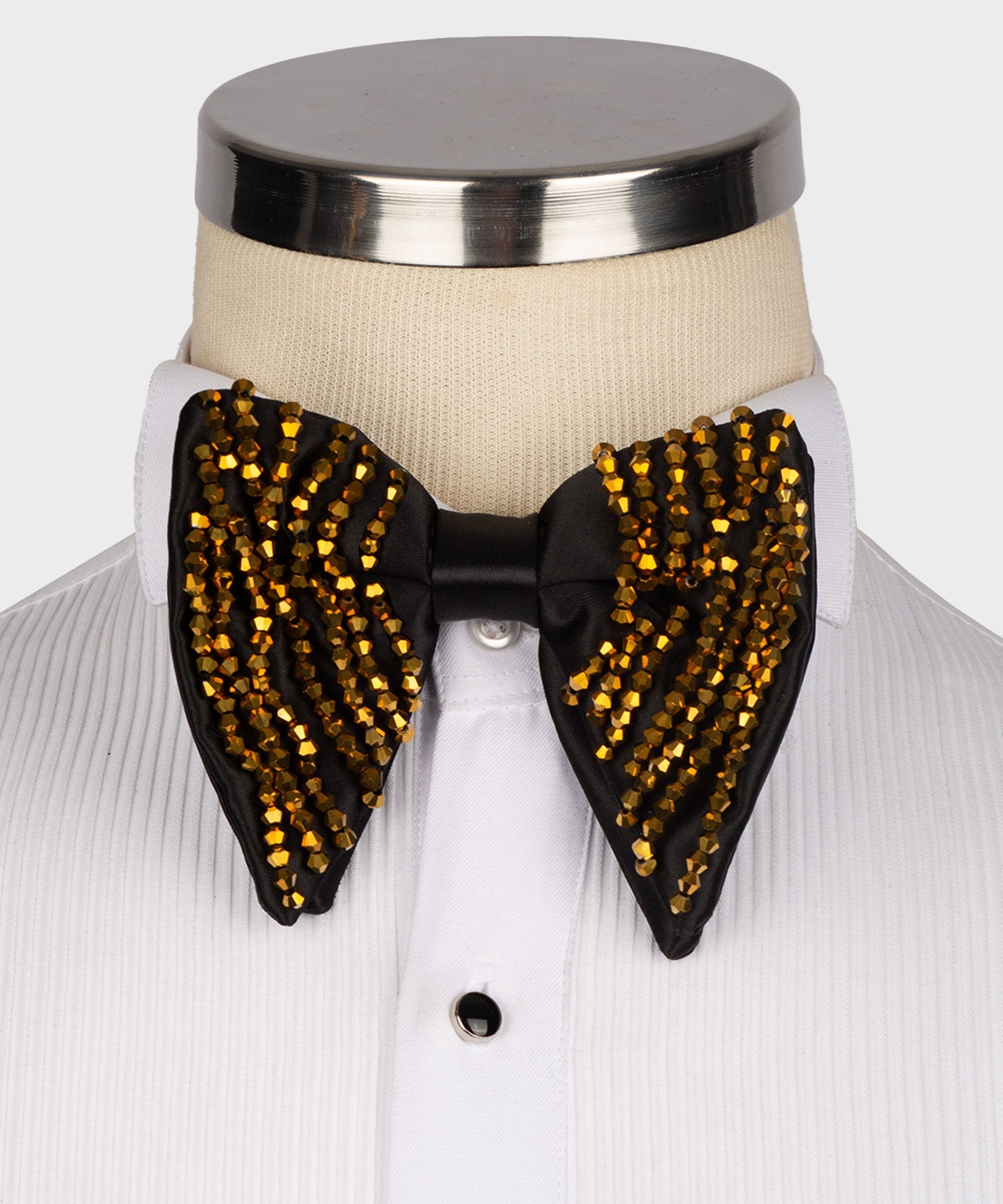 Beaded bow tie with black satin base and gold beaded pattern