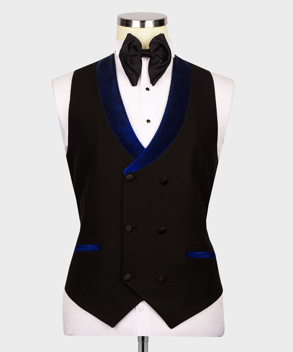 Blue-shawl tuxedo waistcoat with black panels and satin trim, over white shirt and bow tie