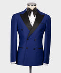 Blue tuxedo jacket with black satin shawl collar, double-breasted buttons, pocket