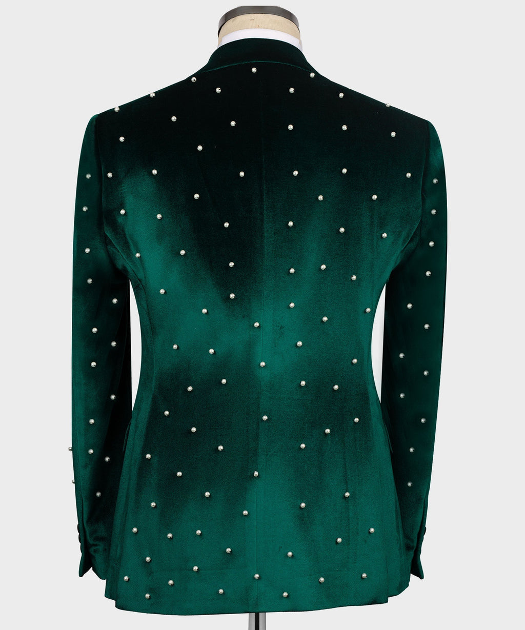 Back view of green velvet tuxedo jacket with pearl-like stud accents