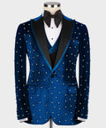 Blue velvet tuxedo jacket with pearl bead embellishments, black satin lapels and pockets