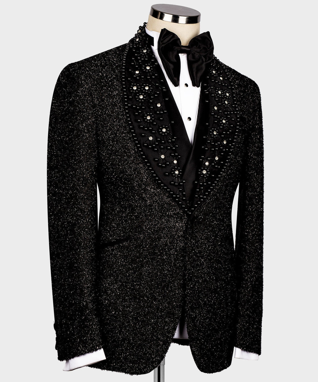 Black glitter tuxedo jacket, full front with rhinestone-like embellishment and satin bow