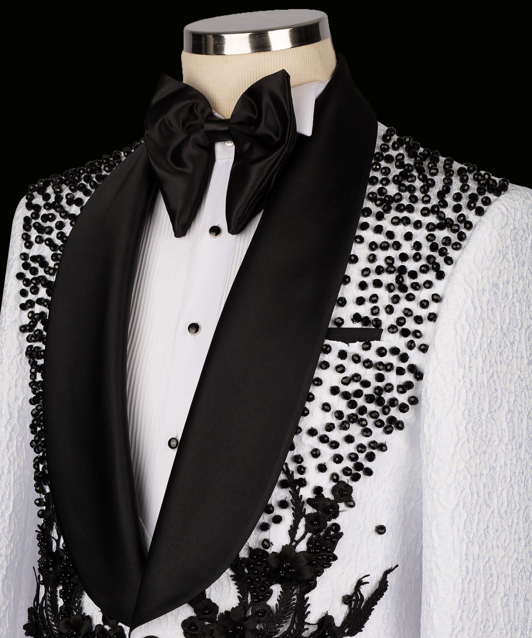 White tuxedo jacket with black satin lapel and bow tie, floral embroidery and beadwork