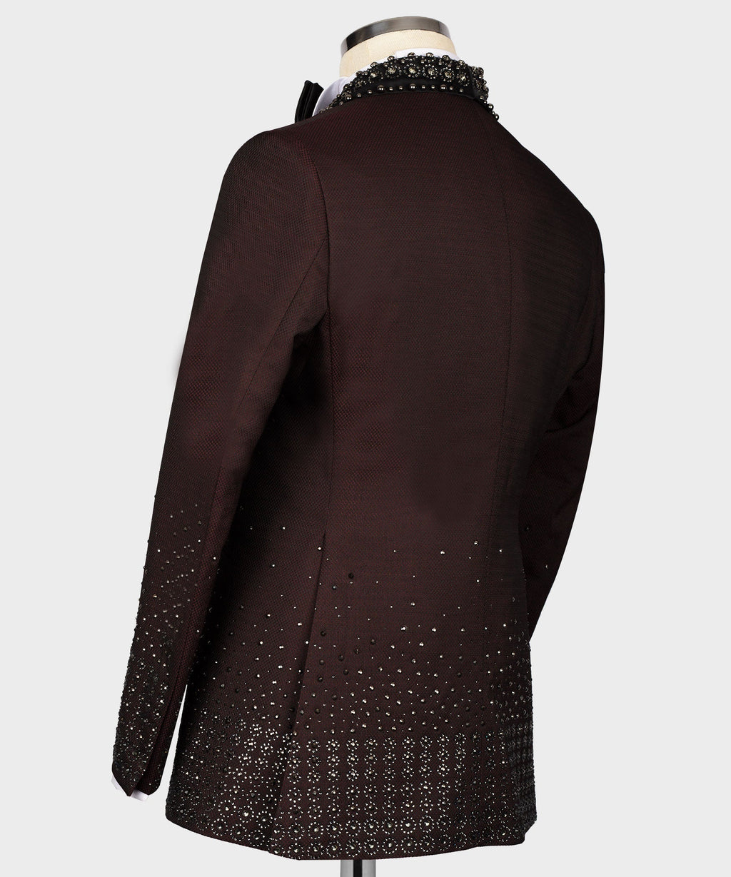 Burgundy tuxedo jacket back view with scattered rhinestone-like sparkle pattern