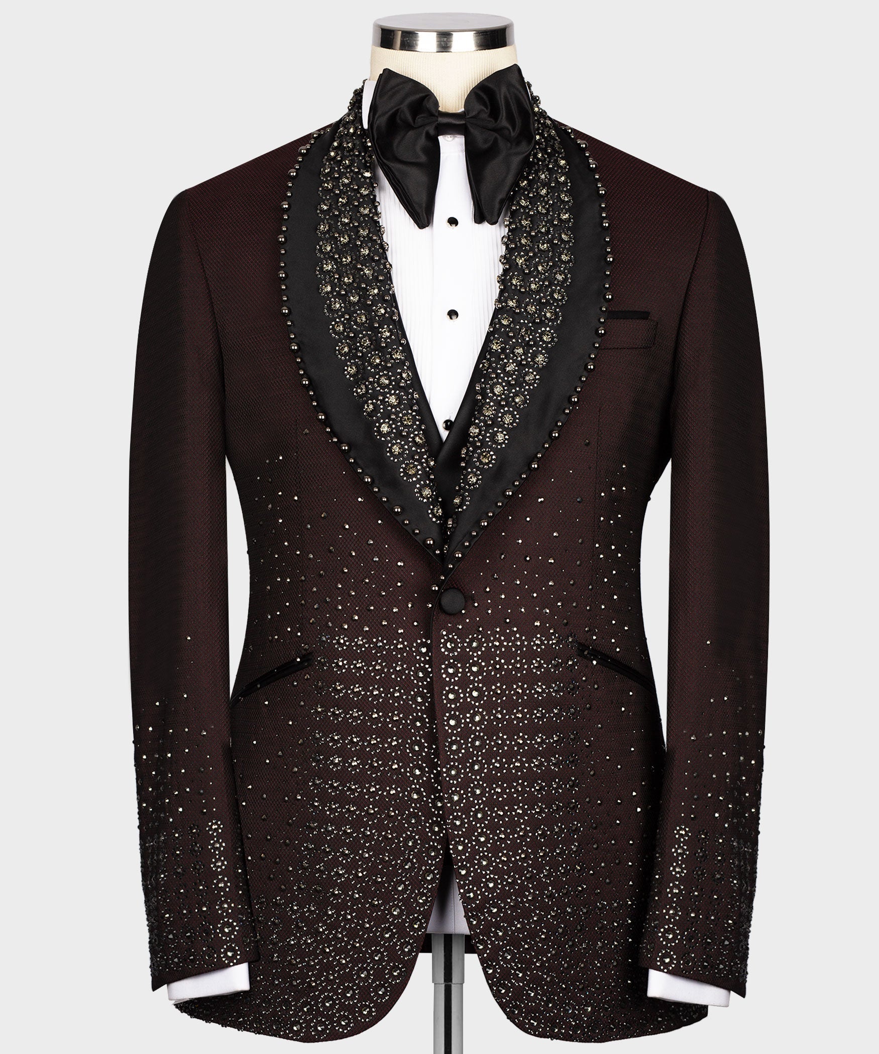 Burgundy tuxedo jacket with round lapels, jeweled black satin trim and black button front
