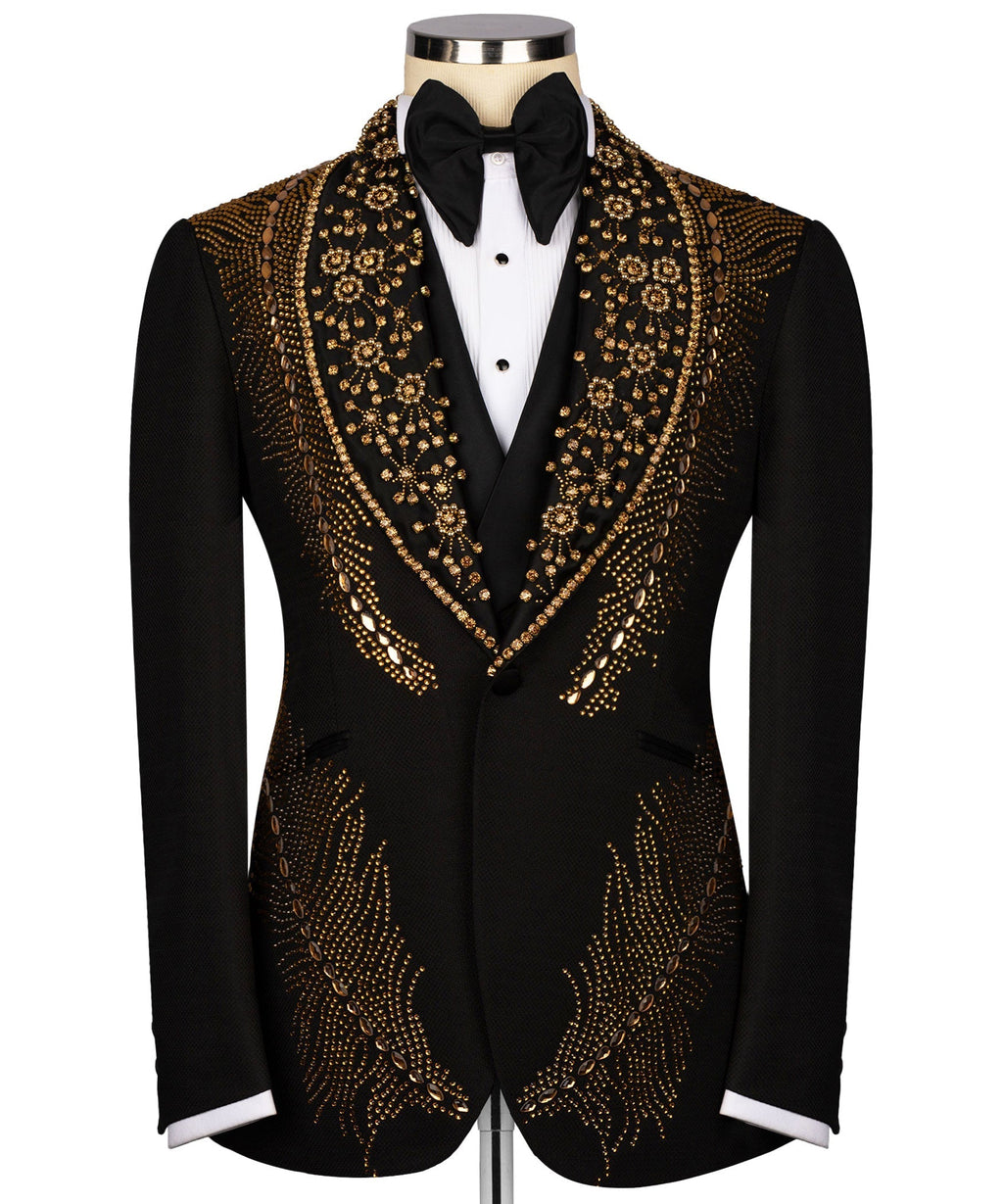 Black tuxedo jacket with gold stone embroidery, shawl lapel and black satin bow tie