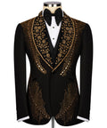 Black tuxedo jacket with gold stone embroidery, shawl lapel and black satin bow tie