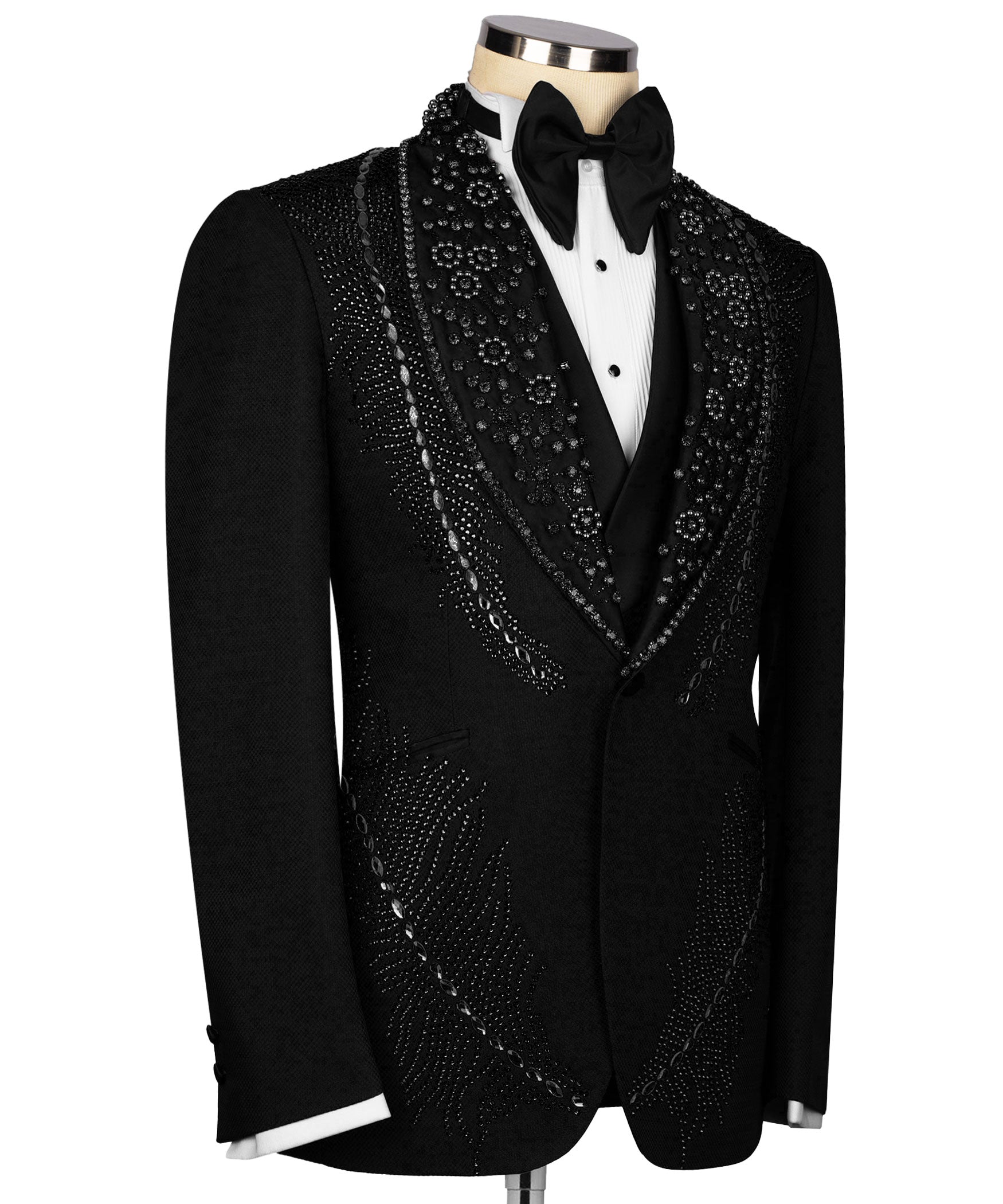 Black tuxedo jacket with gold-tone stone embroidery panels and black satin bow tie