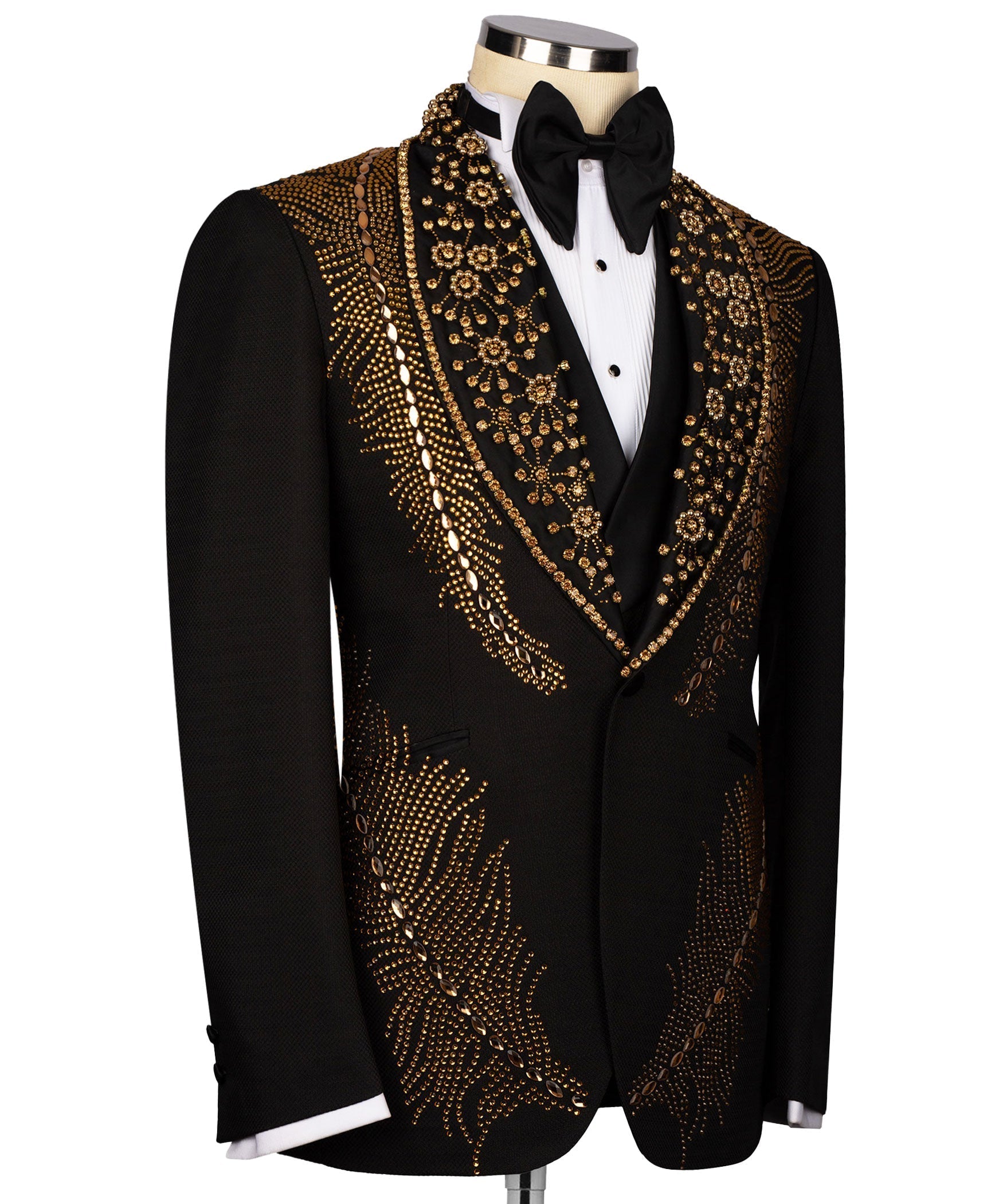 Black tuxedo jacket with gold stone-embellished lapels and matching black bow tie