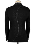 Black tuxedo jacket back view with vertical starburst rhinestone embroidery
