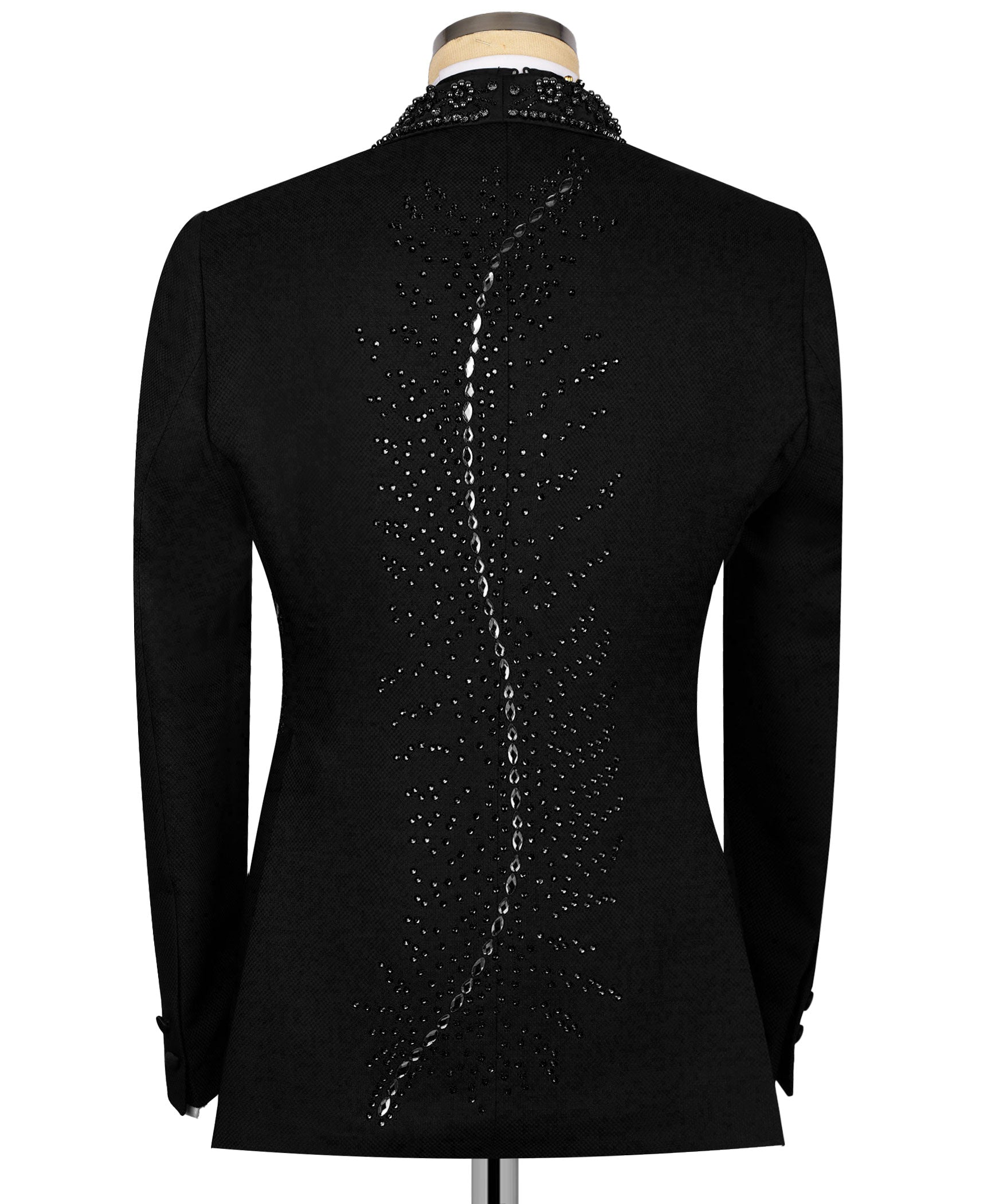 Black tuxedo jacket back view with vertical starburst rhinestone embroidery