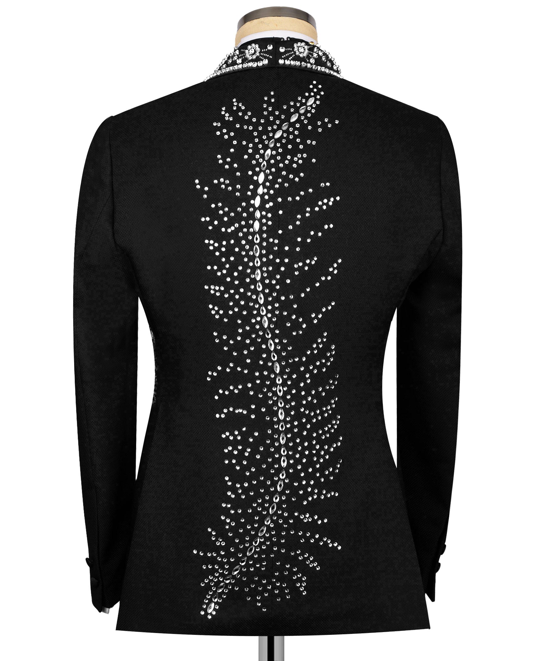 Black tuxedo jacket back with sparkling rhinestone tree-like motif down center