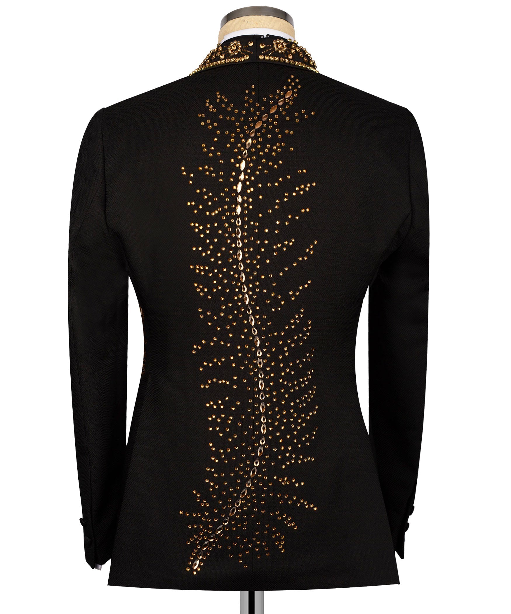 Back of black tuxedo jacket with vertical gold stone starburst pattern