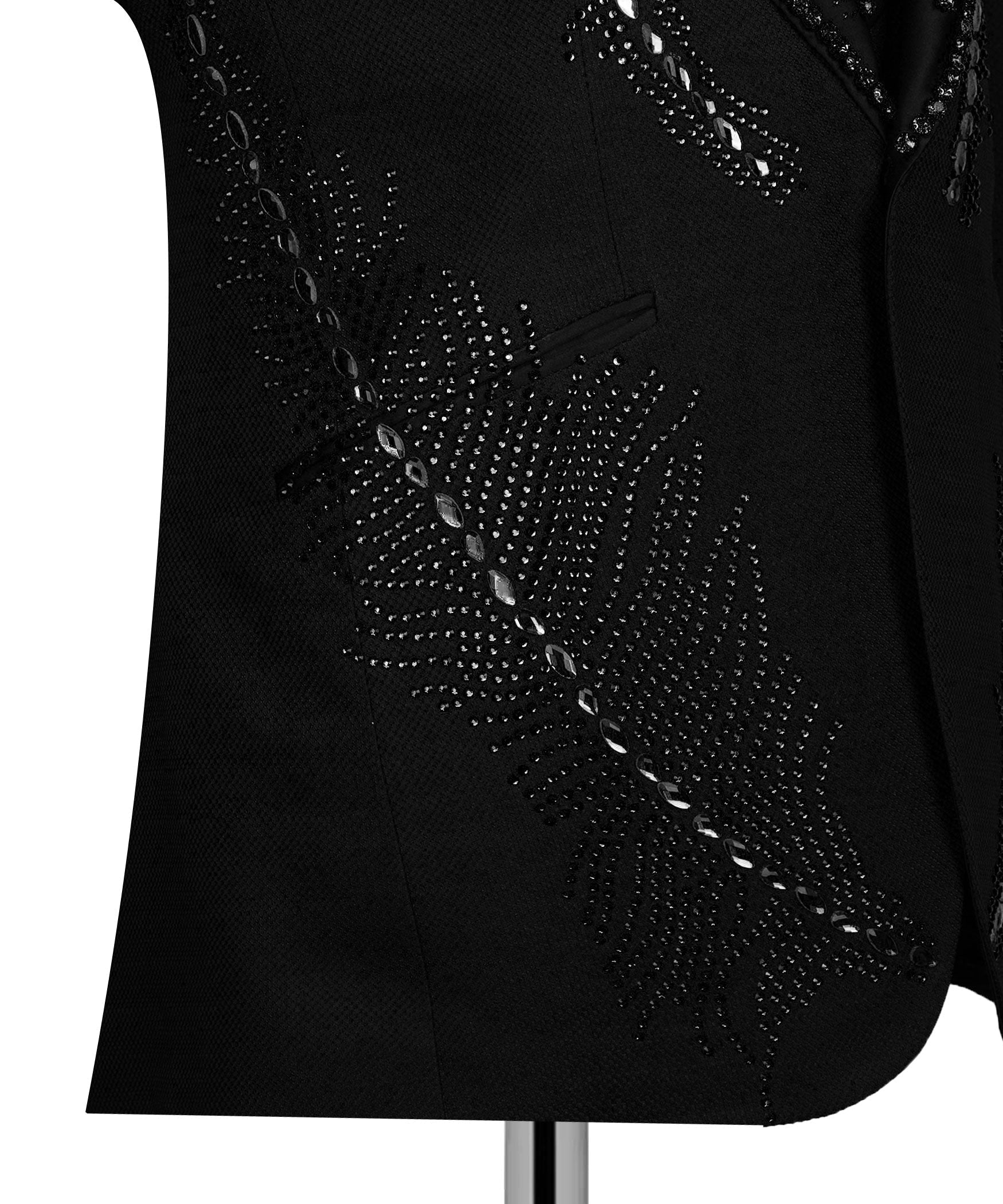 Black tuxedo vest front with gold-tone stone embroidery and pointed pocket detail